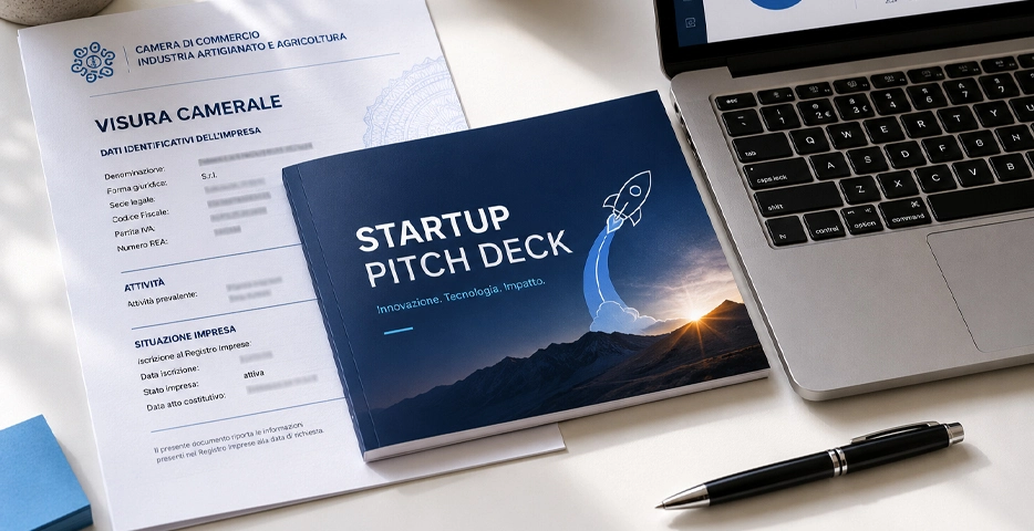 Visura camerale italiana accanto a pitch deck startup su scrivania — guida 2026 alla sezione speciale e novità Legge 193/2024