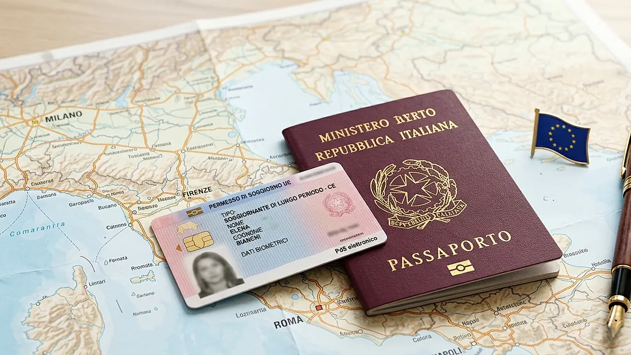 Passaporto straniero e permesso di soggiorno italiano su mappa dell'Italia, luce naturale chiara, scrivania luminosa