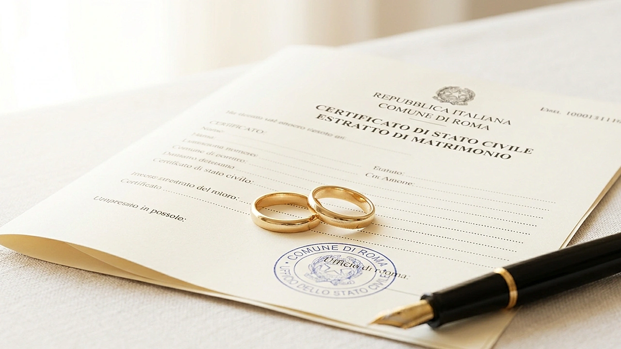 Due fedi nuziali su un certificato di matrimonio ufficiale, penna stilografica in secondo piano, sfondo chiaro