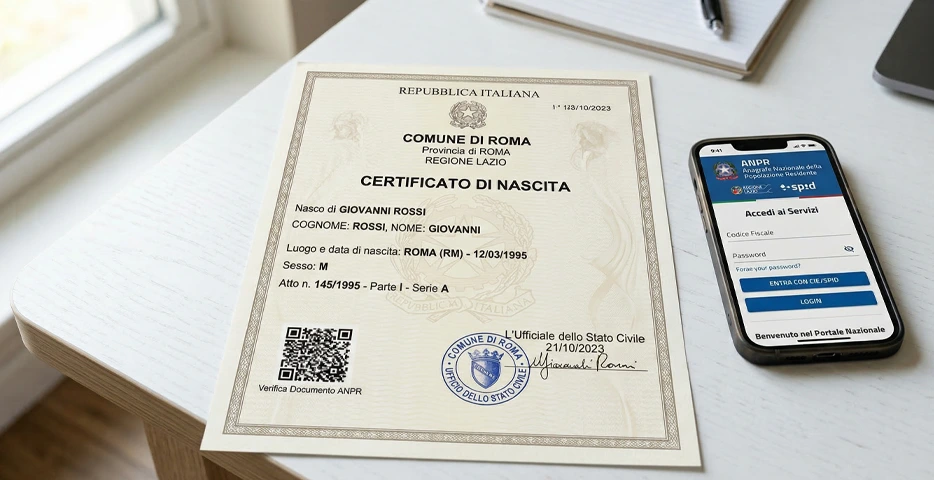 Certificato di nascita italiano con QR code ufficiale e smartphone con portale ANPR aperto — guida come ottenerlo gratis 2026