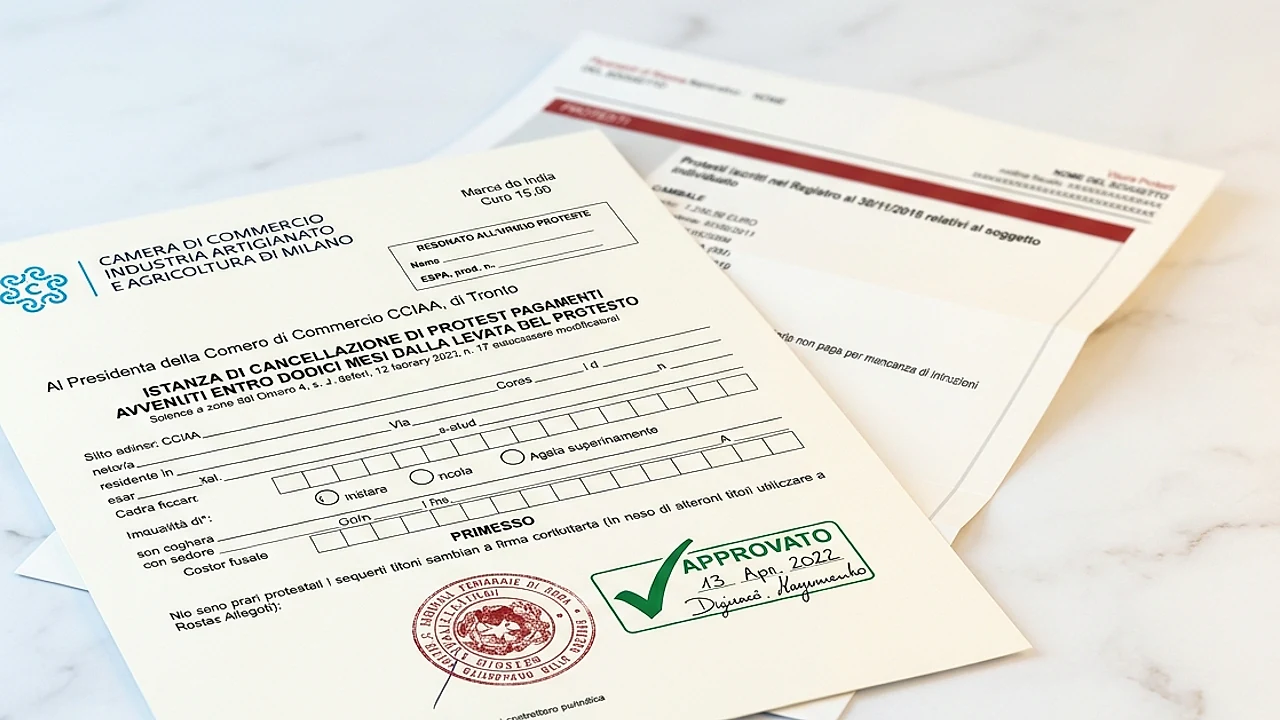 Documento ufficiale di cancellazione protesto su scrivania con timbro CCIAA e visura protesti 2026
