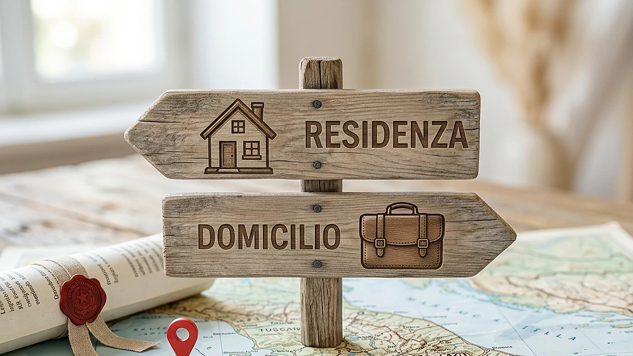 Segnavia con due frecce residenza e domicilio sopra una mappa dell'Italia, differenza residenza e domicilio
