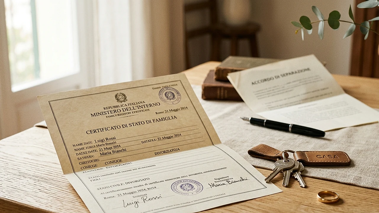 Certificato stato di famiglia con fede matrimoniale e chiavi di casa su tavolo luminoso, separazione familiare 2026